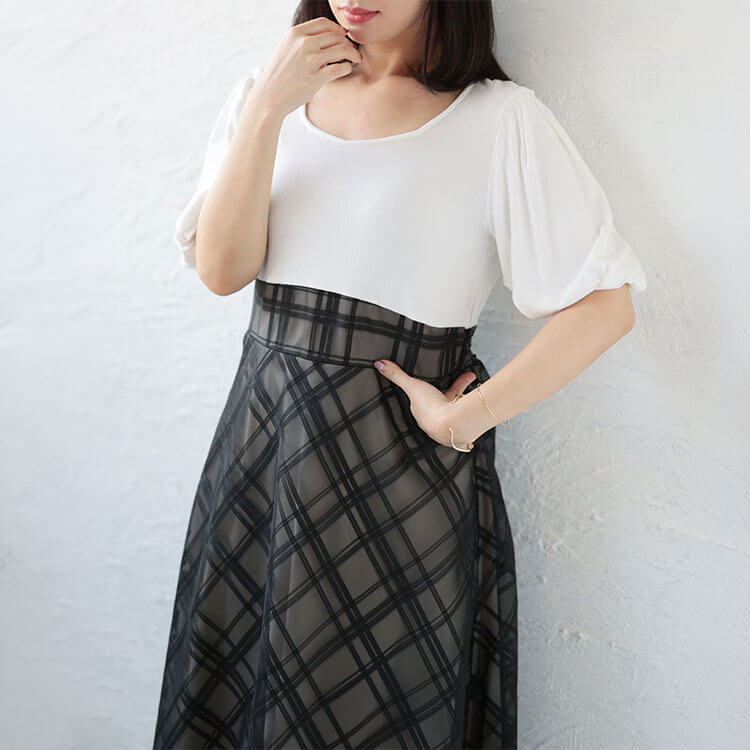 大きいサイズ レディース リブT×シアージャガードチェックドッキングワンピース