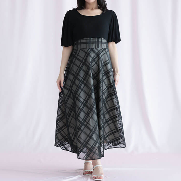 大きいサイズ レディース リブT×シアージャガードチェックドッキングワンピース