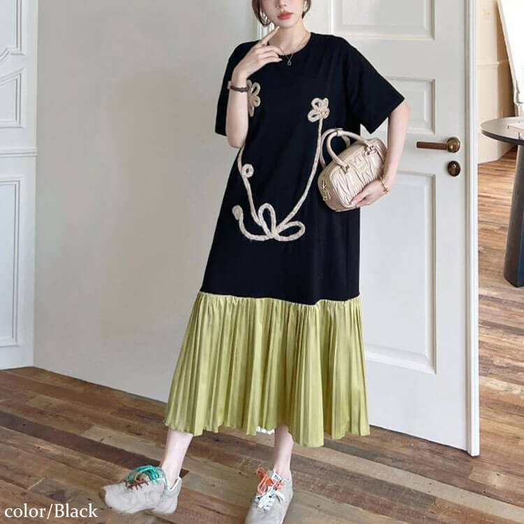 大きいサイズ レディース ヤーン刺繍配色プリーツ切り替えワンピース