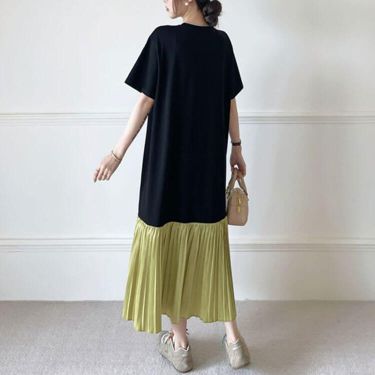 大きいサイズ レディース ヤーン刺繍配色プリーツ切り替えワンピース