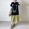 大きいサイズ レディース ヤーン刺繍配色プリーツ切り替えワンピース ブラック