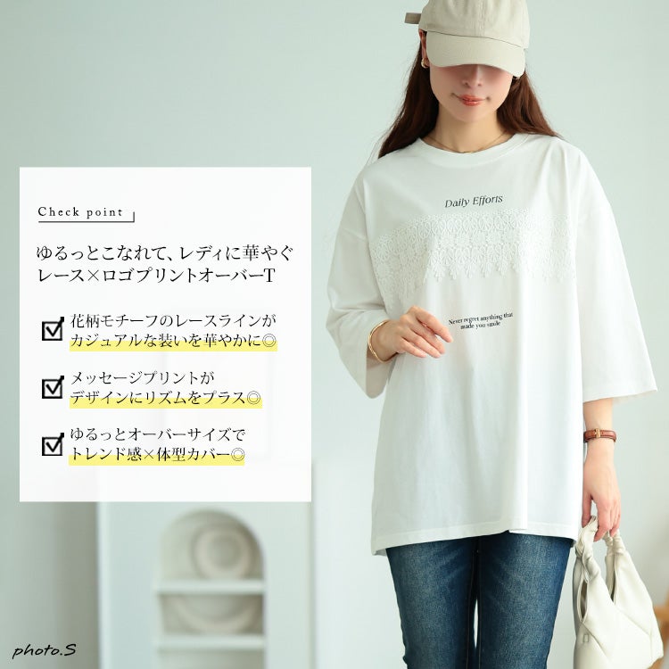 大きいサイズ レディース ロゴプリント＆レースオーバーサイズTシャツ