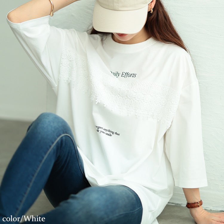 大きいサイズ レディース ロゴプリント＆レースオーバーサイズTシャツ