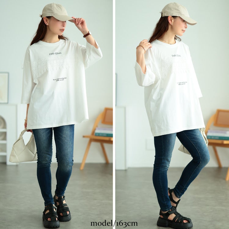 大きいサイズ レディース ロゴプリント＆レースオーバーサイズTシャツ