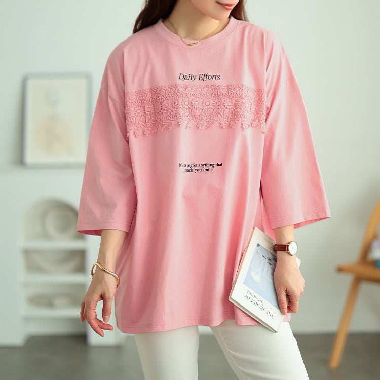 大きいサイズ レディース ロゴプリント＆レースオーバーサイズTシャツ