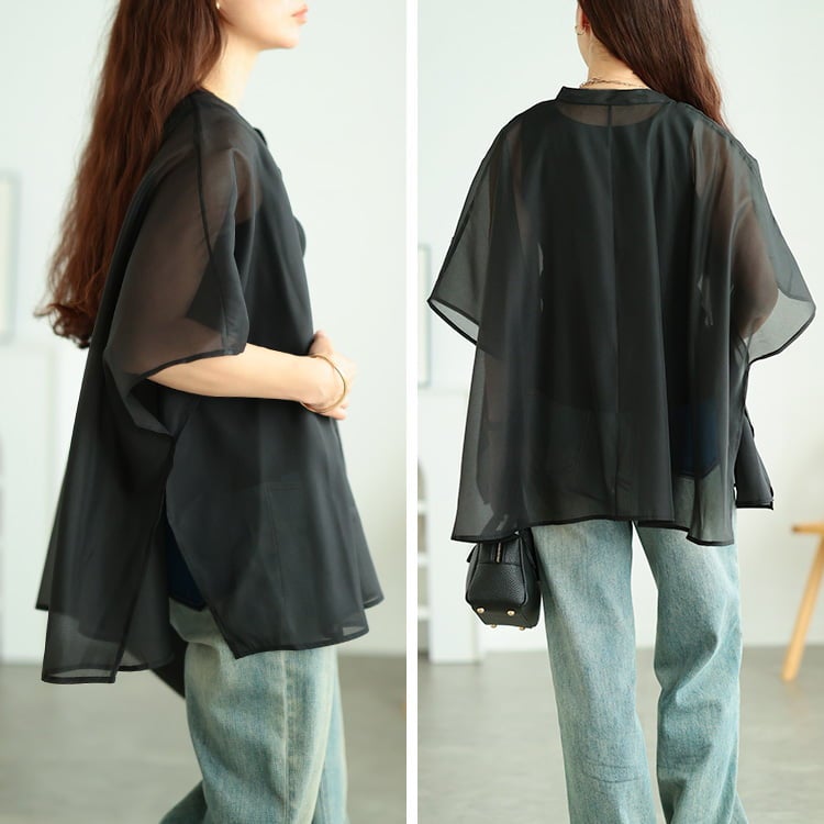 大きいサイズ レディース シアーラメバンドカラーポンチョ風ブラウス