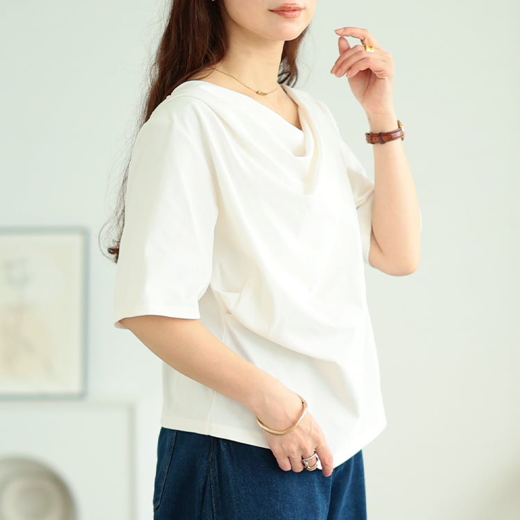 大きいサイズ レディース ドレープネッククロップドTシャツ