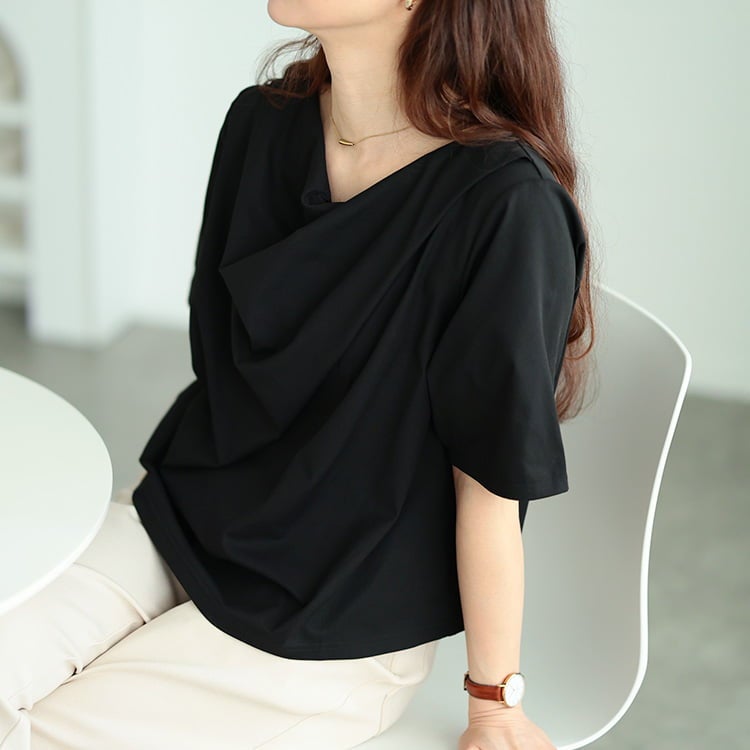 大きいサイズ レディース ドレープネッククロップドTシャツ