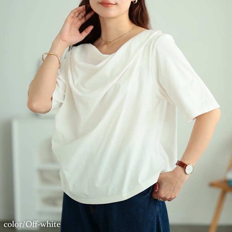 大きいサイズ レディース ドレープネッククロップドTシャツ オフホワイト