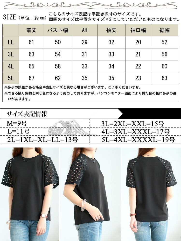 大きいサイズ レディース カットワークレース袖ラグランカットソー
