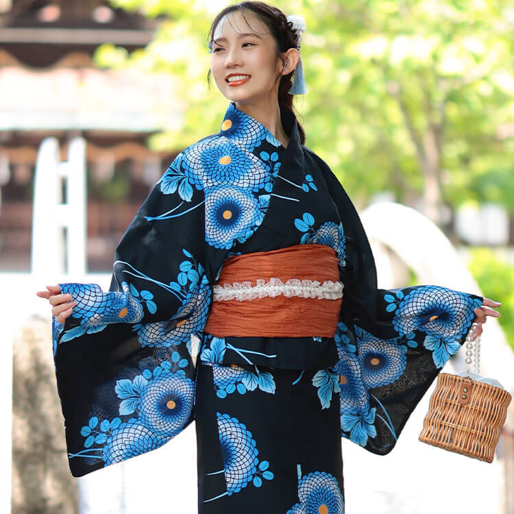 大きいサイズ レディース 接触冷感＆吸水速乾＆形状記憶八重菊柄上下セパレート浴衣＆結び帯3点セット