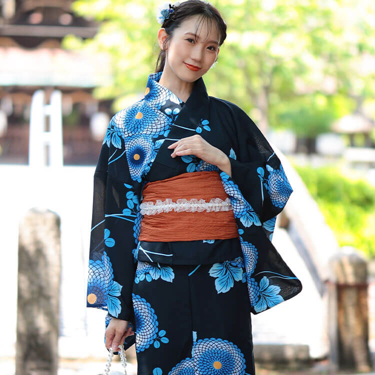 大きいサイズ レディース 接触冷感＆吸水速乾＆形状記憶八重菊柄上下セパレート浴衣＆結び帯3点セット