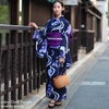 大きいサイズ レディース 接触冷感＆吸水速乾＆形状記憶紫菖蒲柄上下セパレート浴衣＆結び帯3点セット ダークパープル