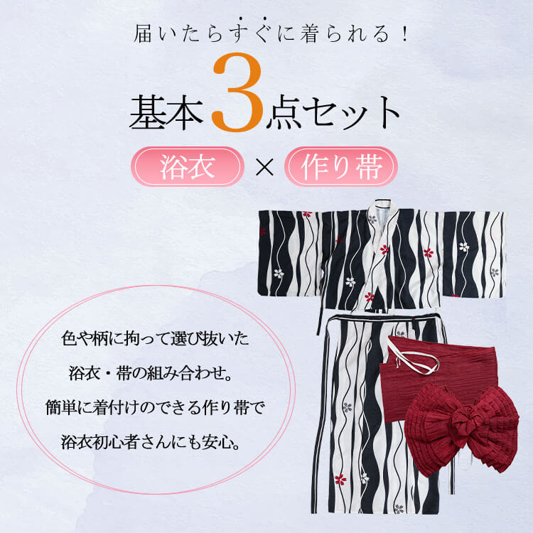 大きいサイズ レディース 接触冷感＆吸水速乾＆形状記憶よろけに桜柄上下セパレート浴衣＆結び帯3点セット