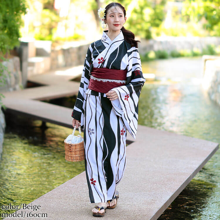 大きいサイズ レディース 接触冷感＆吸水速乾＆形状記憶よろけに桜柄上下セパレート浴衣＆結び帯3点セット ベージュ