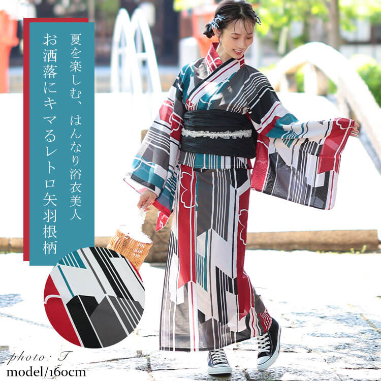 大きいサイズ レディース 接触冷感＆吸水速乾＆形状記憶レトロ矢羽根柄上下セパレート浴衣＆結び帯3点セット