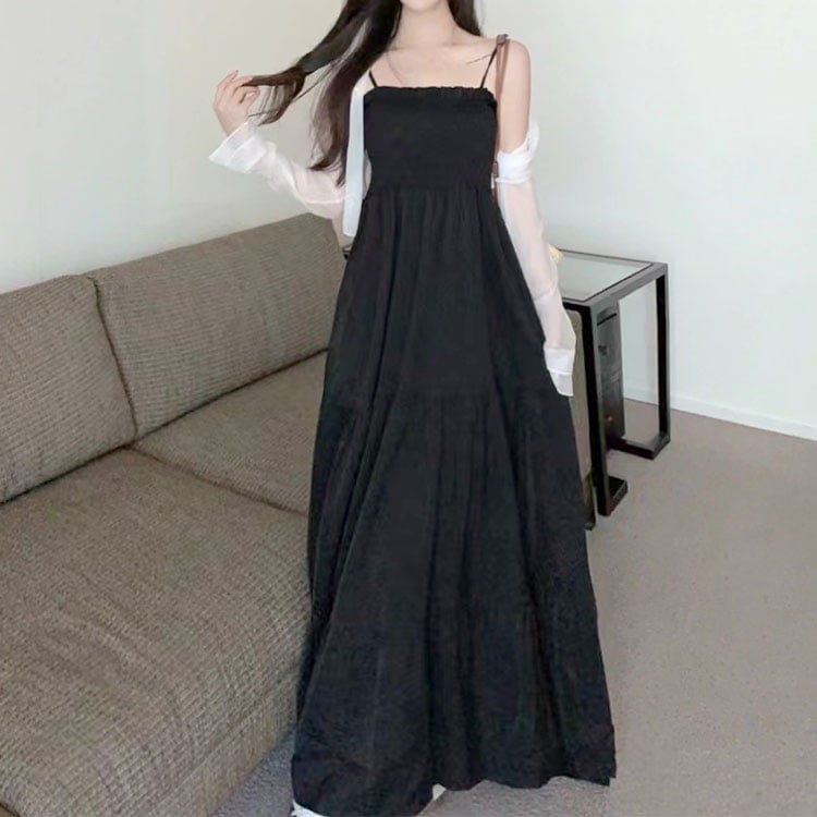 大きいサイズ レディース シャーリングティアードキャミワンピース ブラック