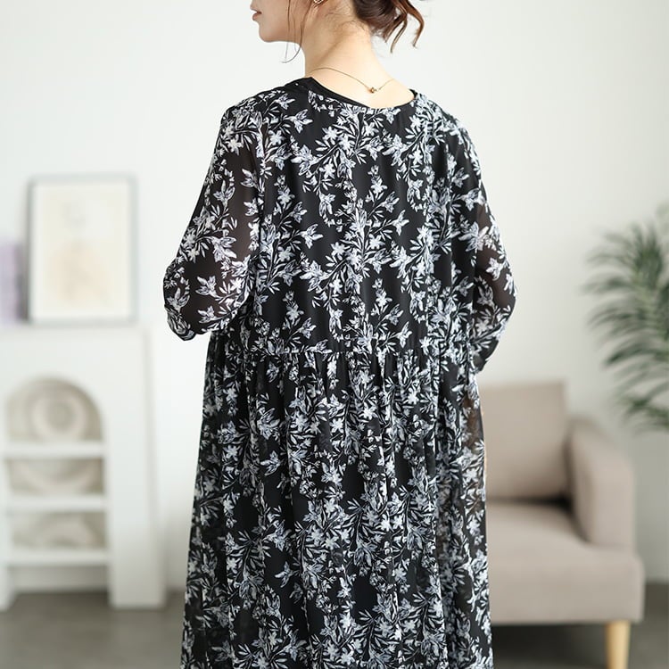 大きいサイズ レディース 花柄シフォンロングカーディガン＆タンクトップ2点セット