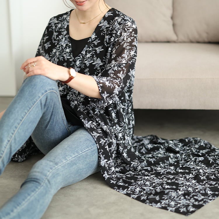 大きいサイズ レディース 花柄シフォンロングカーディガン＆タンクトップ2点セット