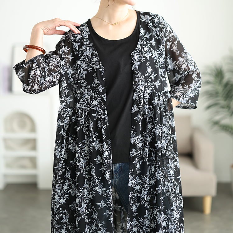 大きいサイズ レディース 花柄シフォンロングカーディガン＆タンクトップ2点セット