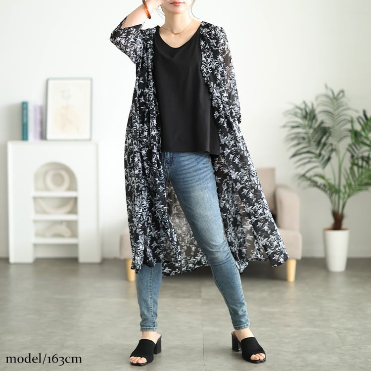 大きいサイズ レディース 花柄シフォンロングカーディガン＆タンクトップ2点セット
