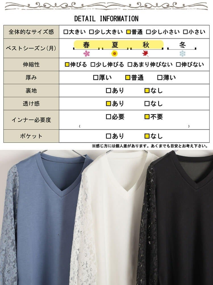 大きいサイズ レディース レース袖切り替えVネックプルオーバー