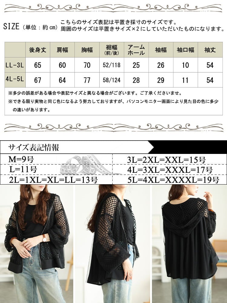 大きいサイズ レディース メッシュ＆チュール後ろ切り替えパーカー