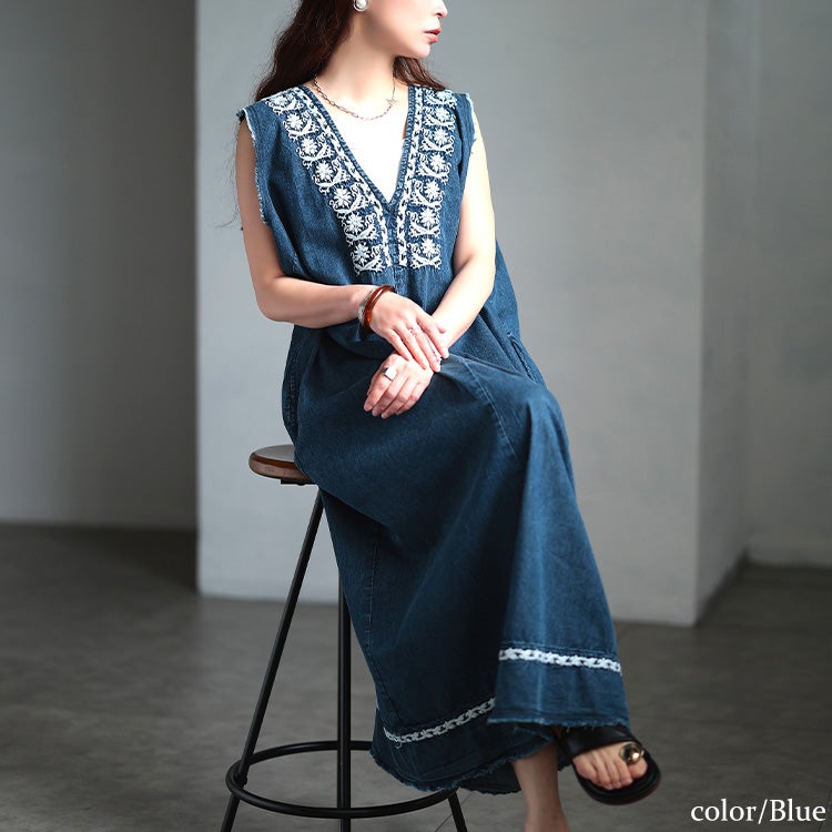 大きいサイズ レディース 刺繍コットンデニムノースリーブワンピース