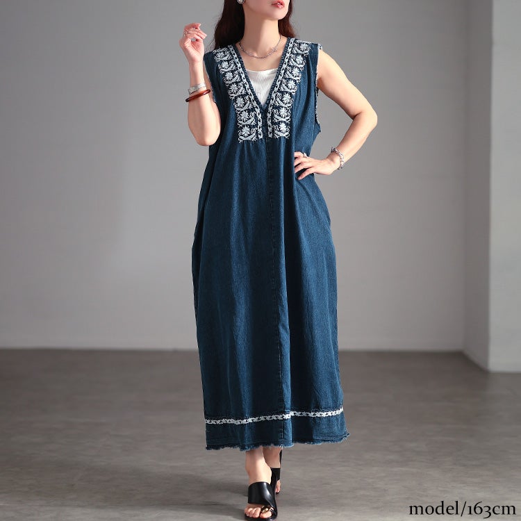 大きいサイズ レディース 刺繍コットンデニムノースリーブワンピース