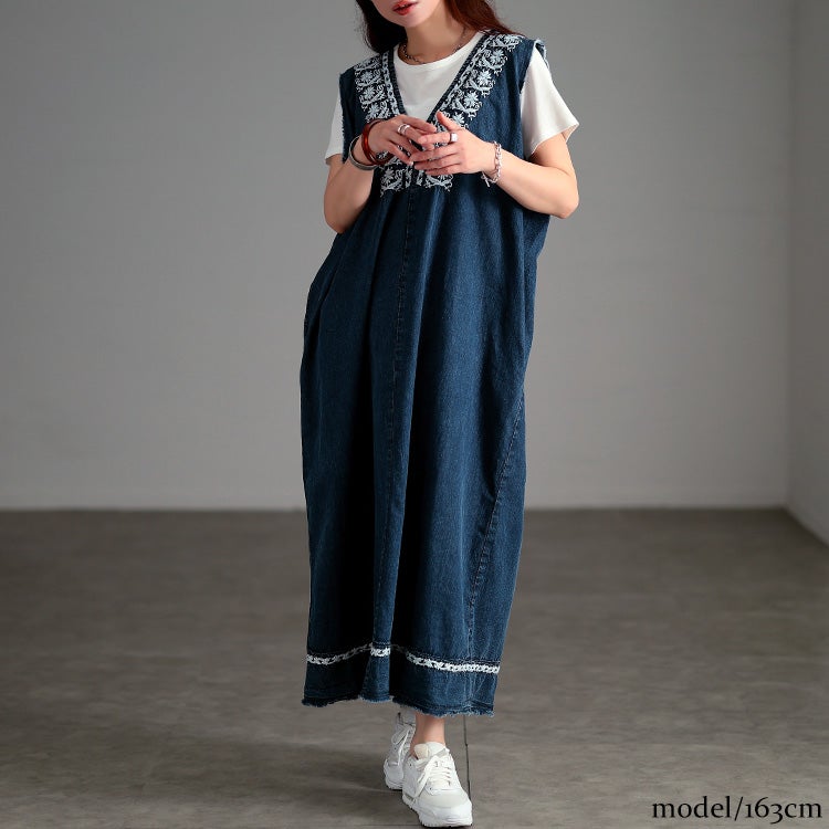 大きいサイズ レディース 刺繍コットンデニムノースリーブワンピース