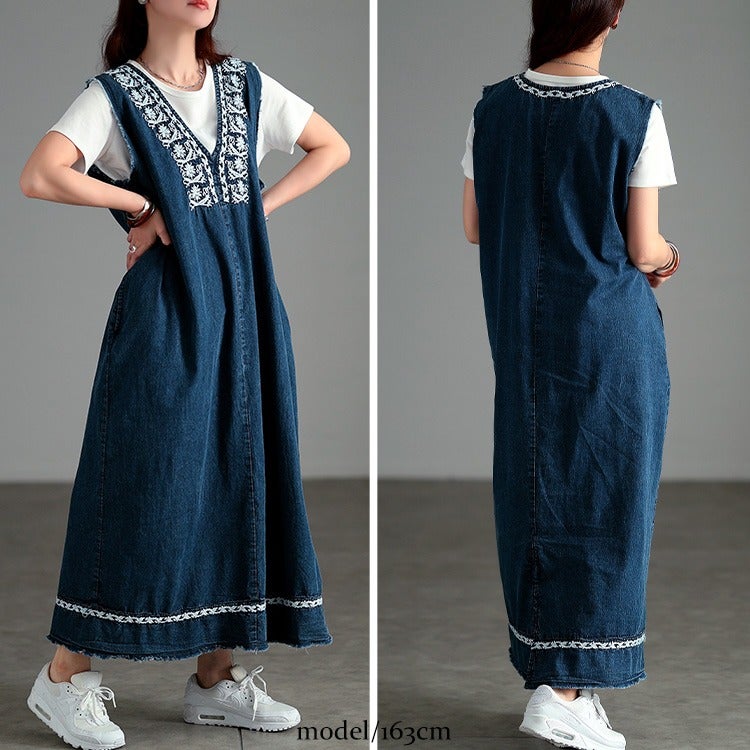 大きいサイズ レディース 刺繍コットンデニムノースリーブワンピース