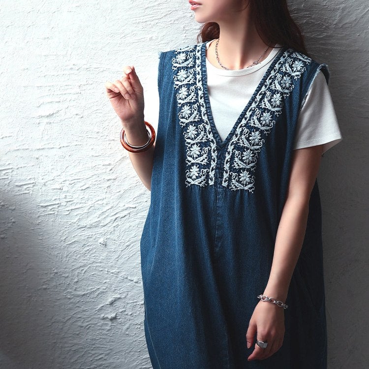 大きいサイズ レディース 刺繍コットンデニムノースリーブワンピース