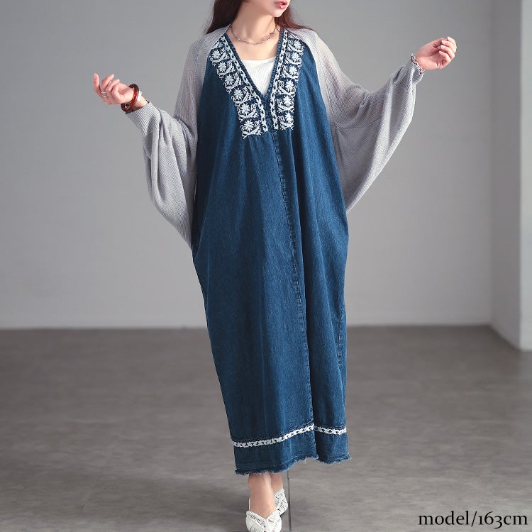 大きいサイズ レディース 刺繍コットンデニムノースリーブワンピース