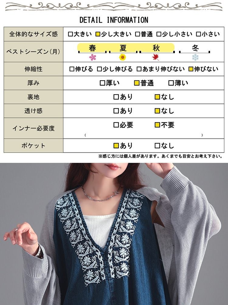 大きいサイズ レディース 刺繍コットンデニムノースリーブワンピース