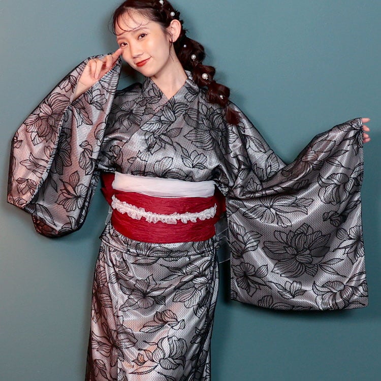 大きいサイズ レディース 花柄レース2wayセパレート浴衣＆結び帯3点セット