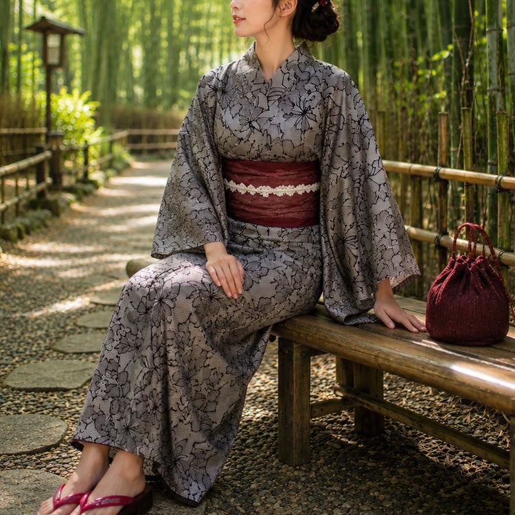大きいサイズ レディース 花柄レース2wayセパレート浴衣＆結び帯3点セット