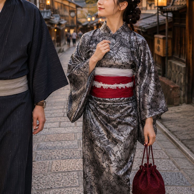 大きいサイズ レディース 花柄レース2wayセパレート浴衣＆結び帯3点セット