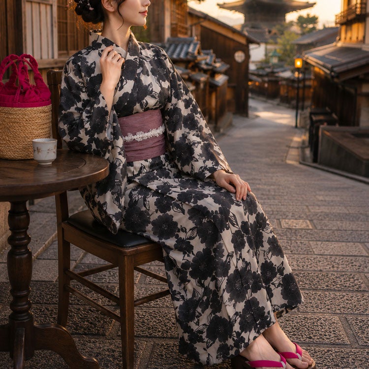 大きいサイズ レディース シアー花柄2wayセパレート浴衣＆結び帯3点セット
