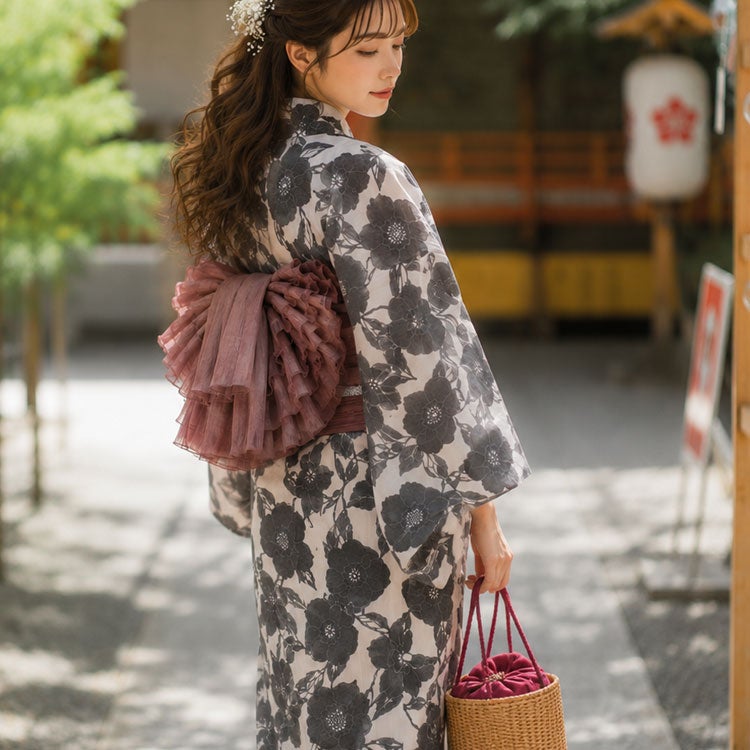 大きいサイズ レディース シアー花柄2wayセパレート浴衣＆結び帯3点セット