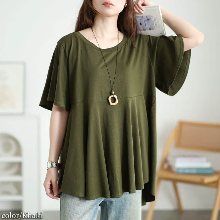 大きいサイズ レディース フィッシュテールコットンチュニックTシャツ カーキ