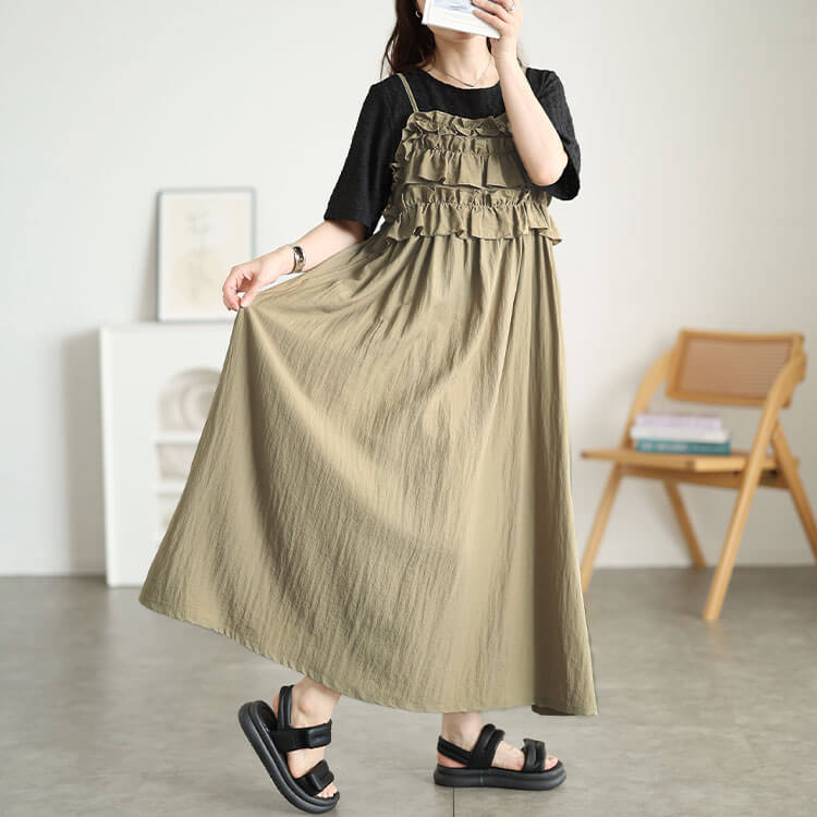 大きいサイズ レディース フリルキャミワンピース＆クロップドTシャツ2点セット