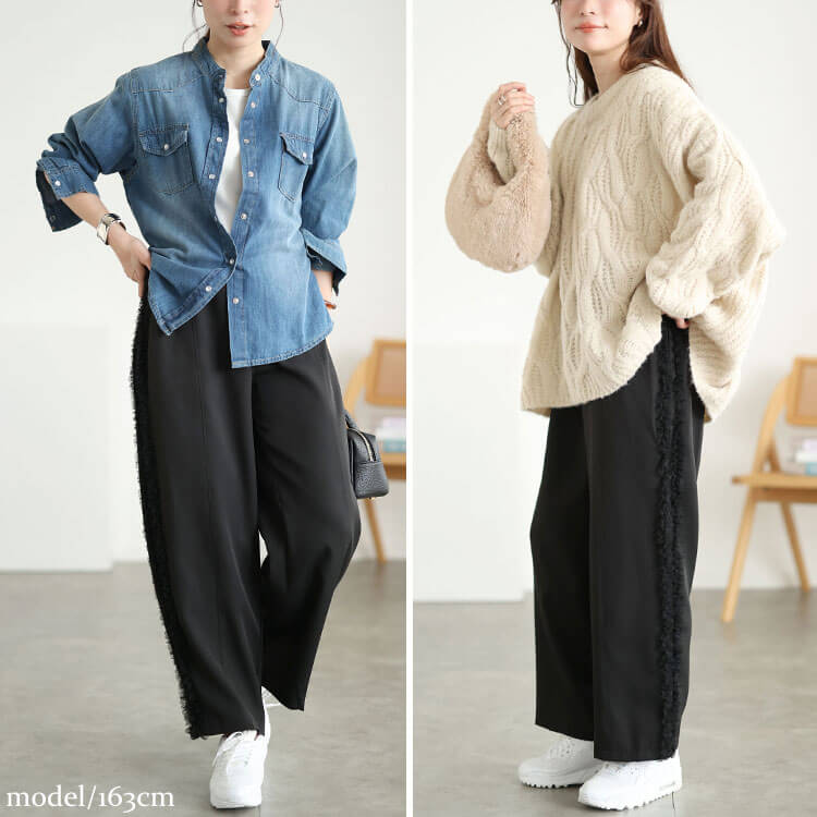 大きいサイズ レディース サイドチュールフリルワイドパンツ