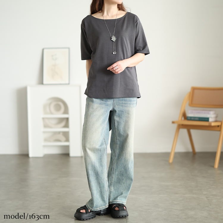 大きいサイズ レディース ワイドボートネックTシャツ