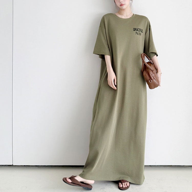 大きいサイズ レディース バックロゴマキシ丈Tシャツワンピース