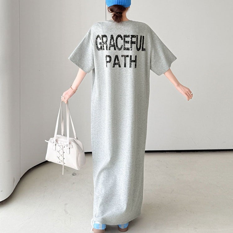 大きいサイズ レディース バックロゴマキシ丈Tシャツワンピース