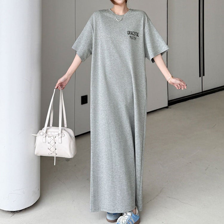 大きいサイズ レディース バックロゴマキシ丈Tシャツワンピース