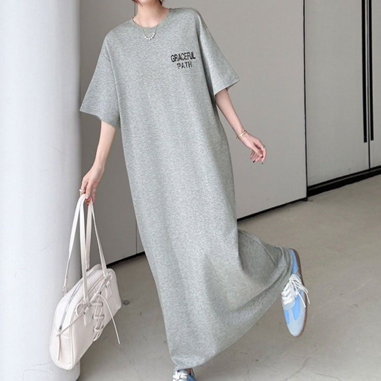 大きいサイズ レディース バックロゴマキシ丈Tシャツワンピース グレー