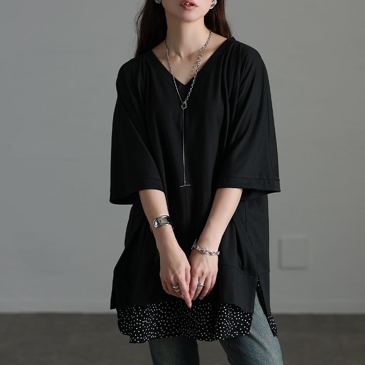 大きいサイズ レディース ドット柄レイヤード風チュニックTシャツ