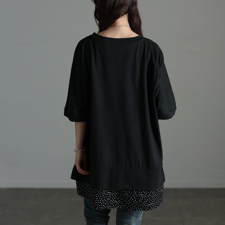 大きいサイズ レディース ドット柄レイヤード風チュニックTシャツ