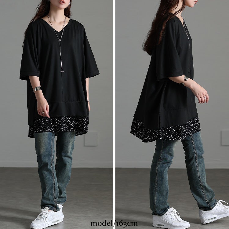 大きいサイズ レディース ドット柄レイヤード風チュニックTシャツ